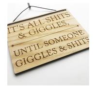 Funny Bar Signs For Home Pubs - 140mm x 100mm x 4mm Wooden Laser Engraved Rectangle Sign Plaque With Cotton Cord For Hanging (It's All Shi*s And Giggles)