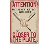 Funny Baseball Metal Tin Sign - ‘Players With Short Bats Please Stand Closer to the Plate’ - 8x12 Inch Sports Decor for Man Cave, Bar, Bathroom