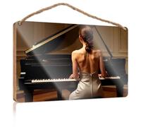 Funny Bathroom Accessories A Woman in A Silver Dress Plays The Piano Wooded Sign Farmhouse Wall Decor Signs Wall Hanging Decor Men(15X28CM)