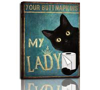 Funny Bathroom Canvas Wall Art: Black Cat Picture Print Toilet Decor, Your Napkins My Lady Teal Poster Framed Animal Artwork Restroom Decoration for Home 8" x 12"