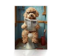 Funny Bathroom Canvas Wall Art Decor, Cute Animals Toilet Pictures Dog Reading Newspaper Painting On Poster And Prints With No Frame, Humor Bathroom Decoration For Bedroom Hallway 30x40 cm