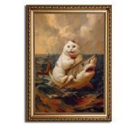 Funny Bathroom Cat Canvas Wall art Renaissance Whimsical Crazy Quirky Humor Fat Cat Riding a Shark Painting Picture Wall Decor Poster Print Artwork for Toilet Restroom Home Decoration Unframed