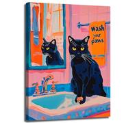 Funny Bathroom Cat Wall Art Wash Your Paws Wall Decor Maximalist Trendy Pet Black Cat Canvas Painting Poster Prints Cute Playful Animal Bathroom Art Aesthetics Pictures Framed 16x24 inch