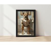 Funny Bathroom Decor Black and White A4 Bathroom Wall Art BRINDLE STAFFY STAFFORDSHIRE BULL TERRIER DOG Sitting On The Toilet Framed Animal Canvas Print Picture Wall Decor