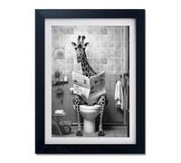Funny Bathroom Decor Black and White Bathroom Wall Art Giraffe in Toilet Framed Animal Canvas Print Picture Wall Decor