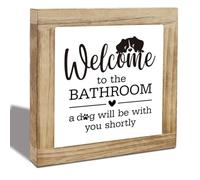 Funny Bathroom Decor, Interesting Wood Decoration for Restroom, Welcome to The Bathroom A Dog Will be with You Sign, Indoor Bathrooms Toilet Wood Box Sign, Gifts for Dog Lovers 5.9X5.9X0.7inches
