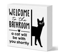 Funny Bathroom Decor Welcome to the Bathroom Wooden Box Sign Black Cat Sign for Home Toilet Restroom Shelf Tabletop Desk Cat Lover Mom Dad Gift 5 X 5 Inches