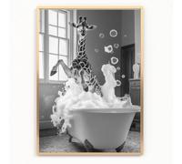 FUNNY BATHROOM giraffe in a bubble jumping bath A4 UNFRAMED PRINT PICTURE wall art Home decor Decorating toilet black white