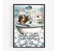 funny bathroom hippo hippopotamus in bath Print Picture Poster splish splash taking a bubble bath A4 UNFRAMED wall art Home decor Decorating gift cute