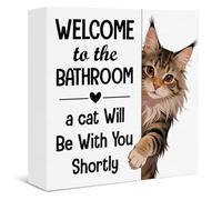 Funny Bathroom Maine Coon Cat Decor Welcome to the Bathroom a Cat Will Be with You Shortly Wooden Box Sign for Rustic Home Restroom Toilet Shelf Wall Decor