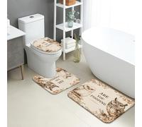 Funny Bathroom Mat Sets 3 Piece, Cute Owl Pattern Absorbent Non Slip Toilet Rugs U Shaped Washable, Rustic Vintage Quick Dry Flannel Bathroom Rug Set