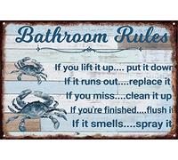 Funny Bathroom Rules Metal Tin Sign Wall Art Decor - Rustic Bathroom Quote Crab Sign For Toilet Restroom Decor Gifts 12x16 Inch Warm House Gifts For Uncles, Aunts, Grandparents