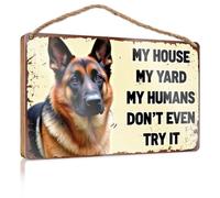 Funny Bathroom Sign Wall Art German Shepherd - My House, My Yard, My Humans Don't Even Try It Wooded Sign Desk Accessories for Women Wall Hanging Decor Men(20X30CM)
