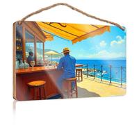 Funny Bathroom Signs Wall Decor A Man In A Blue Shirt And Hat Sits At An Outdoor Bar Overlooking The Ocean Wooded Sign Farmhouse Wall Decor For The Home Wood Signs Decor(15X28CM)