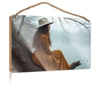 Funny Bathroom Signs Wall Decor A Woman In An Orange Dress Sits On A Tree Branch By A Serene Lake Wooded Sign Farmhouse Wall Decor For The Home Wood Signs Decor(15X28CM)