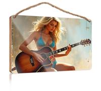 Funny Bathroom Signs Wall Decor Blonde Woman In Bikini Playing Acoustic Guitar Wooded Sign Farmhouse Wall Decor For The Home Wood Signs Decor(20X30CM)