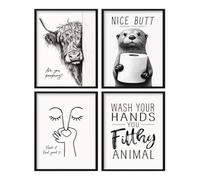 Funny Bathroom Wall Art Black and White Bathroom Decor Signs Rustic Bathroom Quotes Cow Pictures Wall Decor Toilet Paper in Little Raccoon's Hand Cute Animal Canvas Art Prints for Restroom Kid's
