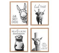 Funny Bathroom Wall Art Black and White Bathroom Signs Decor Rustic Donkey Cow Pictures Wall Decor Funny Animals Head on Tissue Paper Canvas Art Prints for Toliet Bedroom,Unframed,8x10inchx4pcs