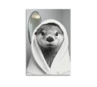 Funny Bathroom Wall Art Canvas Poster Prints Cute Otter Wearing Bathrobe Poster Black And White Animal Bathroom Decor for Toilet Restroom12x18inch(30x45cm)