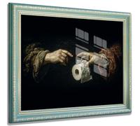 Funny Bathroom Wall Art Canvas Print, Vintage Style Hands Reaching Toilet Paper, Gothic Renaissance Aesthetic Poster Wall Decor for Restroom 20x25cm Green Frame