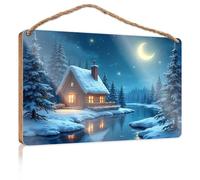 Funny Bathroom Wall Art Cozy Cabin by The River Under A Moonlit Sky Wooden Sign Bar Signs for Man Cave Office Decor(15X28CM)
