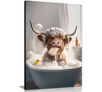 Funny Bathroom Wall Art Decor,Highland Cow & Bathing Animals Humor Abstract Prints for Bedroom Kids Room Framed Canvas Print, Pictures for Home Walls, Bedroom, Living Room Decor 91x61cm (36x24in)
