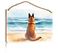 Funny Bathroom Wall Art Dog Watching Waves On The Beach Wooden Sign Bar Signs for Man Cave Office Decor(23X35CM)