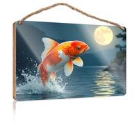 Funny Bathroom Wall Art Golden Fish Leaping In Moonlit Night Wooden Sign Bar Signs For Man Cave Office Decor(15X28CM)