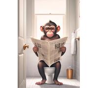 Funny Bathroom Wall Art, Monkey Reading Newspaper on Toilet, Humorous Home Decor Print. Size A4