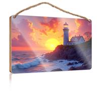 Funny Bathroom Wall Art Sunset At The Lighthouse: A Serene Coastal Scene Wooden Sign Bar Signs For Man Cave Office Decor(23X35CM)