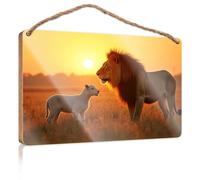 Funny Bathroom Wall Art Sunset Encounter: Lion And Lamb In Harmony Wooden Sign Bar Signs For Man Cave Office Decor(20X30CM)