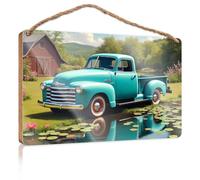 Funny Bathroom Wall Art Vintage Blue Pickup by The Pond Wooden Sign Bar Signs for Man Cave Office Decor(20X30CM)