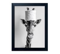 Funny Bathroom Wall Decor, Giraffe with a Toilet Paper Roll on Head Art Decor, Black and White Bathroom Pictures Wall Decor, Framed Humor Animal Canvas Print Artwork
