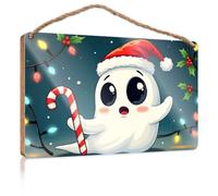 Funny Bathroom Wall Decor Sign Wood A Cute Ghost Wearing A Santa Hat, Holding A Candy Cane Restroom Sign Funny Quote Wood Plaque(20X30CM)