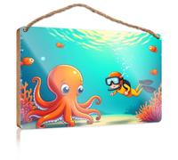 Funny Bathroom Wall Decor Sign Wood A Diver Swims Near an Octopus Underwater Summer Gifts Hanging Decor Door(20X30CM)