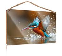 Funny Bathroom Wall Decor Sign Wood A Kingfisher Bird with Vibrant Blue and Orange Plumage Our Home Signs for Home Decor Front Door Hanging D(15X28CM)