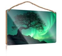 Funny Bathroom Wall Decor Sign Wood A Lone Tree Stands Against A Backdrop of Green Auroras Our Home Signs for Home Decor Front Door Hanging D(15X28CM)