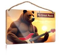 Funny Bathroom Wall Decor Sign Wood A Muscular Bear Plays A Red Electric Guitar Against A Sunset Backdrop Summer Gifts Hanging Decor Door(20X30CM)
