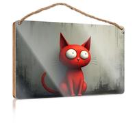 Funny Bathroom Wall Decor Sign Wood A Red Cat with Big Eyes Sitting Against A Textured Wall Our Home Signs for Home Decor Front Door Hanging D(23X35CM)