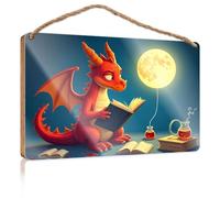Funny Bathroom Wall Decor Sign Wood A Red Dragon Reading Under A Full Moon Restroom Sign Funny Quote Wood Plaque(23X35CM)