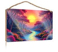 Funny Bathroom Wall Decor Sign Wood A Serene River Flows Through A Vibrant, Colorful Forest At Sunset Our Home Signs for Home Decor Front Door Hanging D(23X35CM)