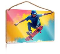 Funny Bathroom Wall Decor Sign Wood A Skateboarder Performs an Aerial Trick Against A Vibrant Our Home Signs for Home Decor Front Door Hanging D(20X30CM)