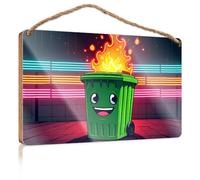 Funny Bathroom Wall Decor Sign Wood A Smiling Green Trash Can with Flames On Top Our Home Signs for Home Decor Front Door Hanging D(15X28CM)
