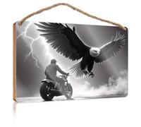 Funny Bathroom Wall Decor Sign Wood Eagle Soars Above Motorcyclist in Storm Our Home Signs for Home Decor Front Door Hanging D(20X30CM)