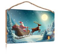 Funny Bathroom Wall Decor Sign Wood Santa Claus Flies On A Sleigh Pulled By Reindeer Under A Full Moon Restroom Sign Funny Quote Wood Plaque(20X30CM)
