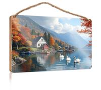 Funny Bathroom Wall Decor Sign Wood Swans Glide On A Serene Lake Surrounded By Autumn Foliage and Mountains Restroom Sign Funny Quote Wood Plaque(20X30CM)