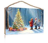 Funny Bathroom Wall Decor Sign Wood Three Children Admire A Beautifully Decorated Christmas Tree in A Snowy Forest Summer Gifts Hanging Decor Door(15X28CM)