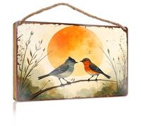 Funny Bathroom Wall Decor Sign Wood Two Birds Perched On A Branch with A Large Sun in The Background Our Home Signs for Home Decor Front Door Hanging D(20X30CM)