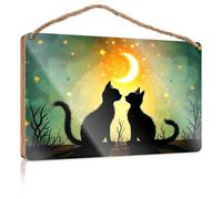 Funny Bathroom Wall Decor Sign Wood Two Cats Under The Moonlit Sky Summer Gifts Hanging Decor Door(15X28CM)