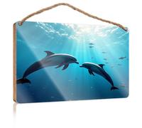 Funny Bathroom Wall Decor Sign Wood Two Dolphins Swimming Underwater with Sunlight Beams Shining Down Our Home Signs for Home Decor Front Door Hanging D(23X35CM)